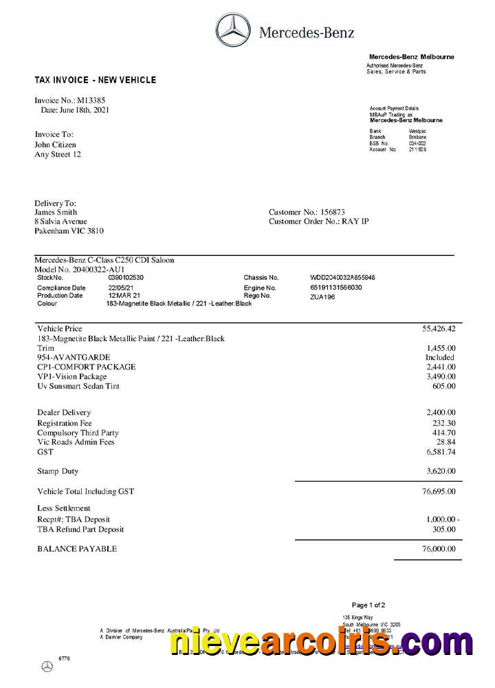 USA Mercedes-Benz invoice